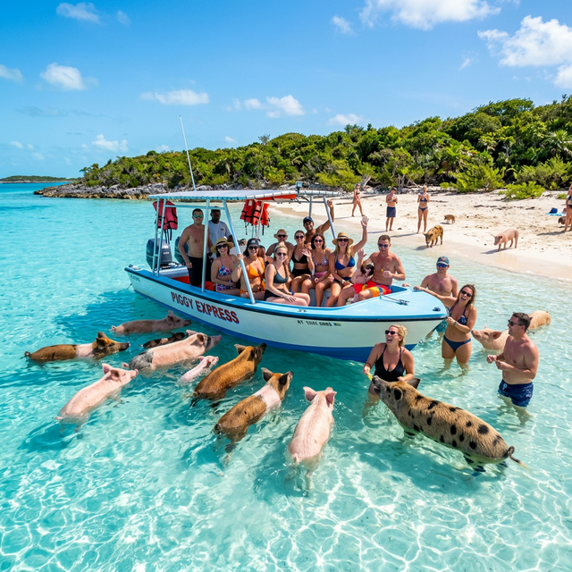 Tourists in boats watching swimming pigs